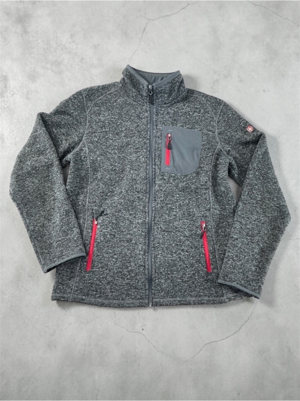 Vintage Y2K Swiss Tech Gray Full-Zip Jacket with Red Accents